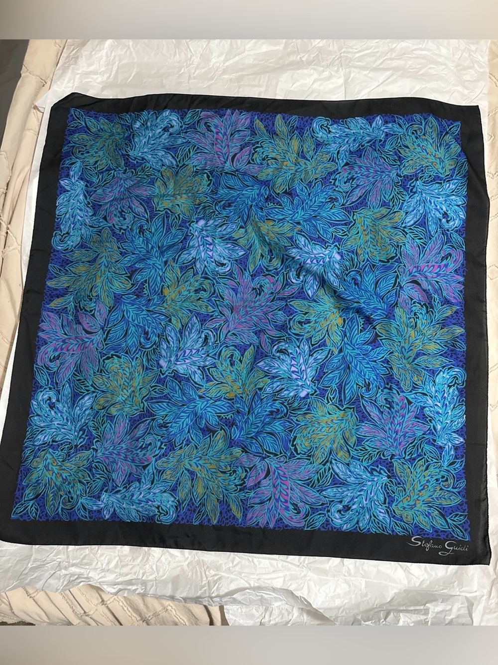 Stefano Guidi Signed Square Scarf Blue Purple Botanical Print 30” x 30” Vibrant
